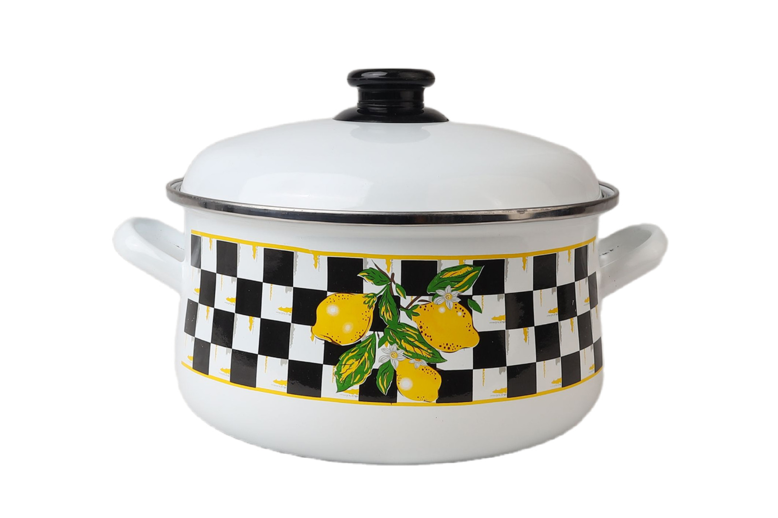 MINOVA "Lemon & Checkered" White Enamel Pot (with Enamel Lid)
