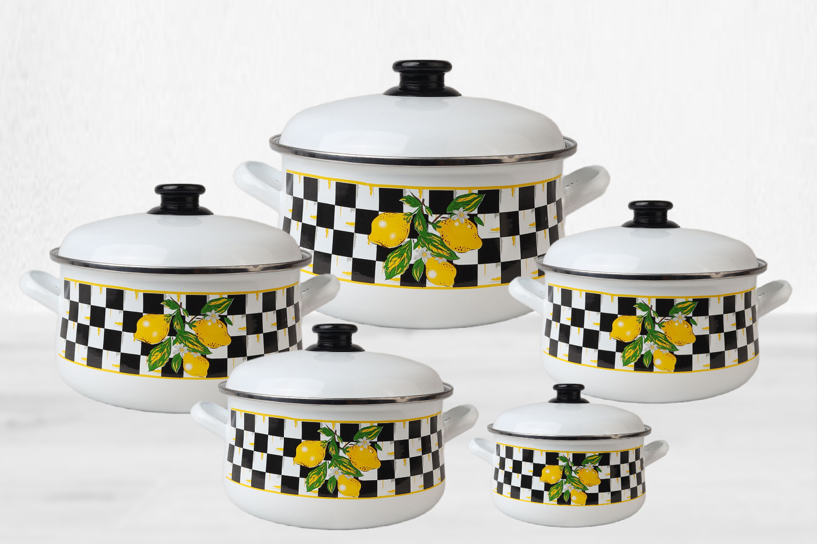 MINOVA "Lemon & Checkered" White 10-Piece Enamel Set